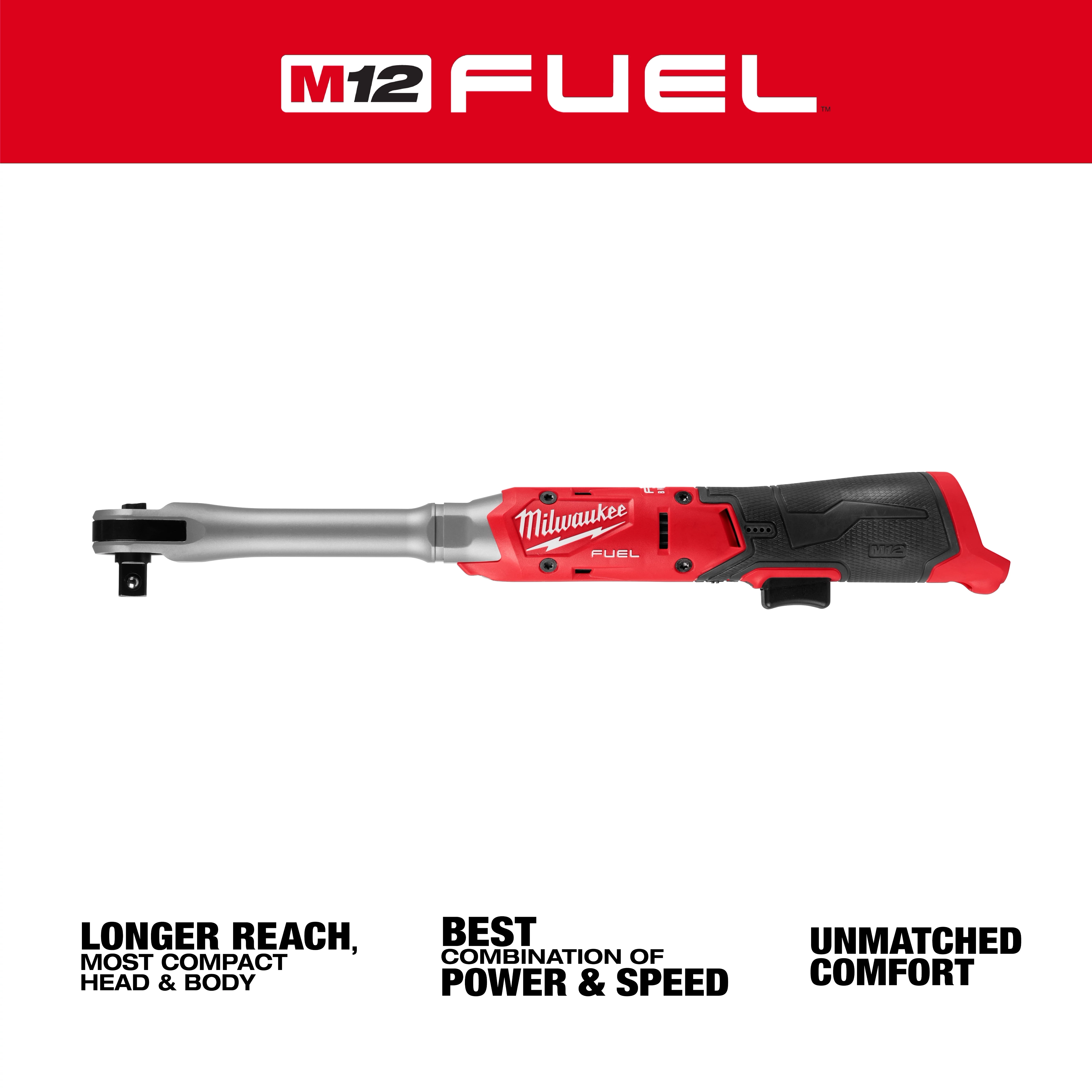 M12 FUEL 1/2" Extended Reach Ratchet displayed horizontally on a plain white background.