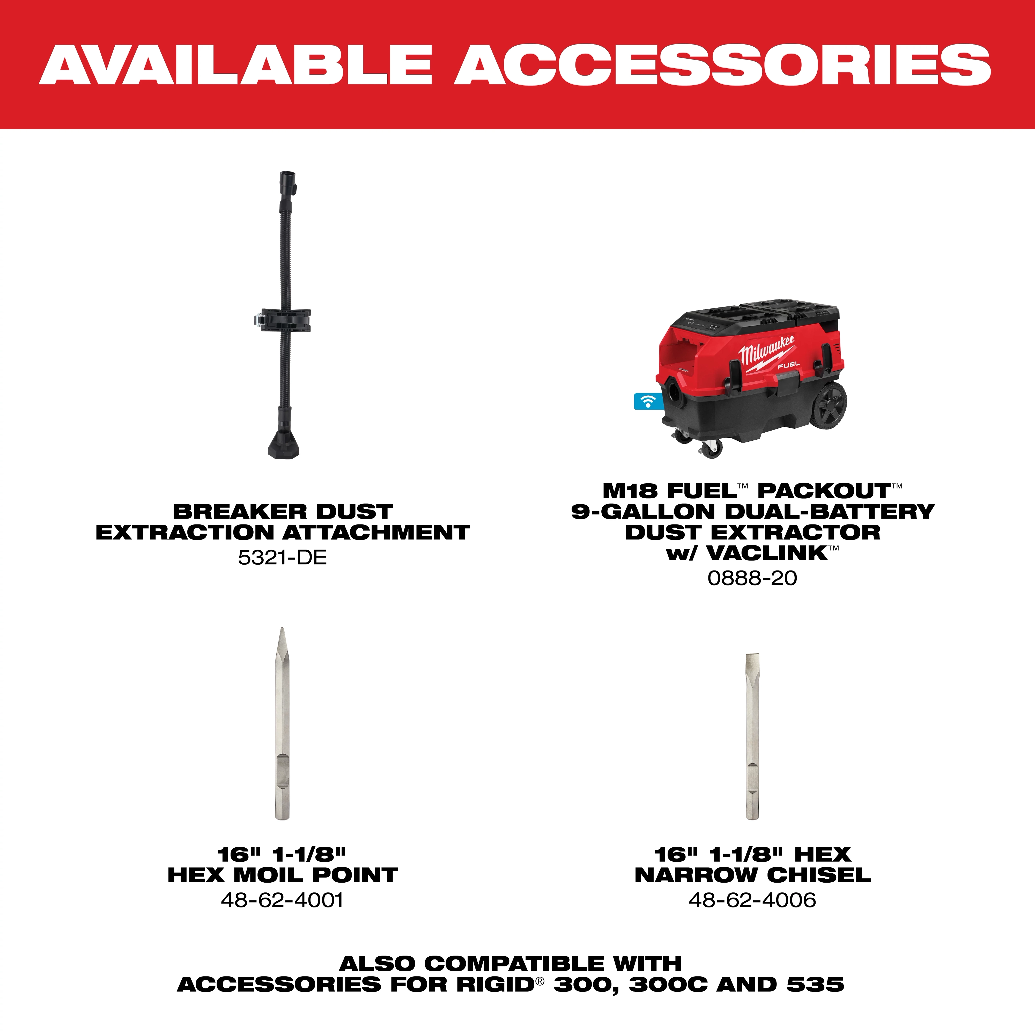 "Image displaying four power tool accessories with part numbers and descriptions, under the heading 'AVAILABLE ACCESSORIES'."