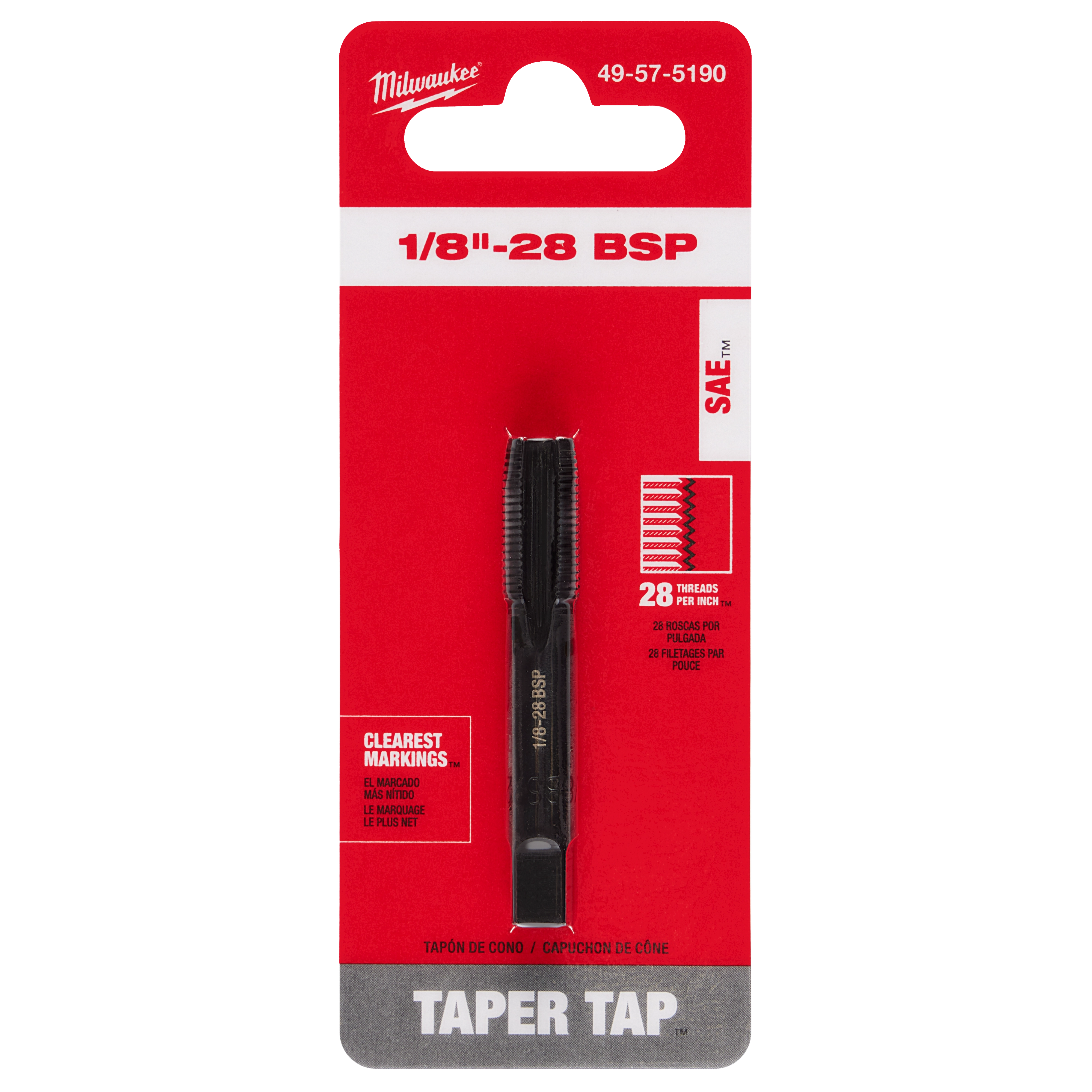 1/8"-28 BSP Straight Flute Taper Tap in original packaging, showing tool with 28 threads per inch, clear markings.