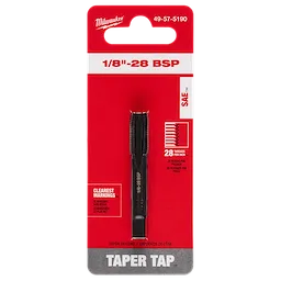 1/8"-28 BSP Straight Flute Taper Tap in original packaging, showing tool with 28 threads per inch, clear markings.