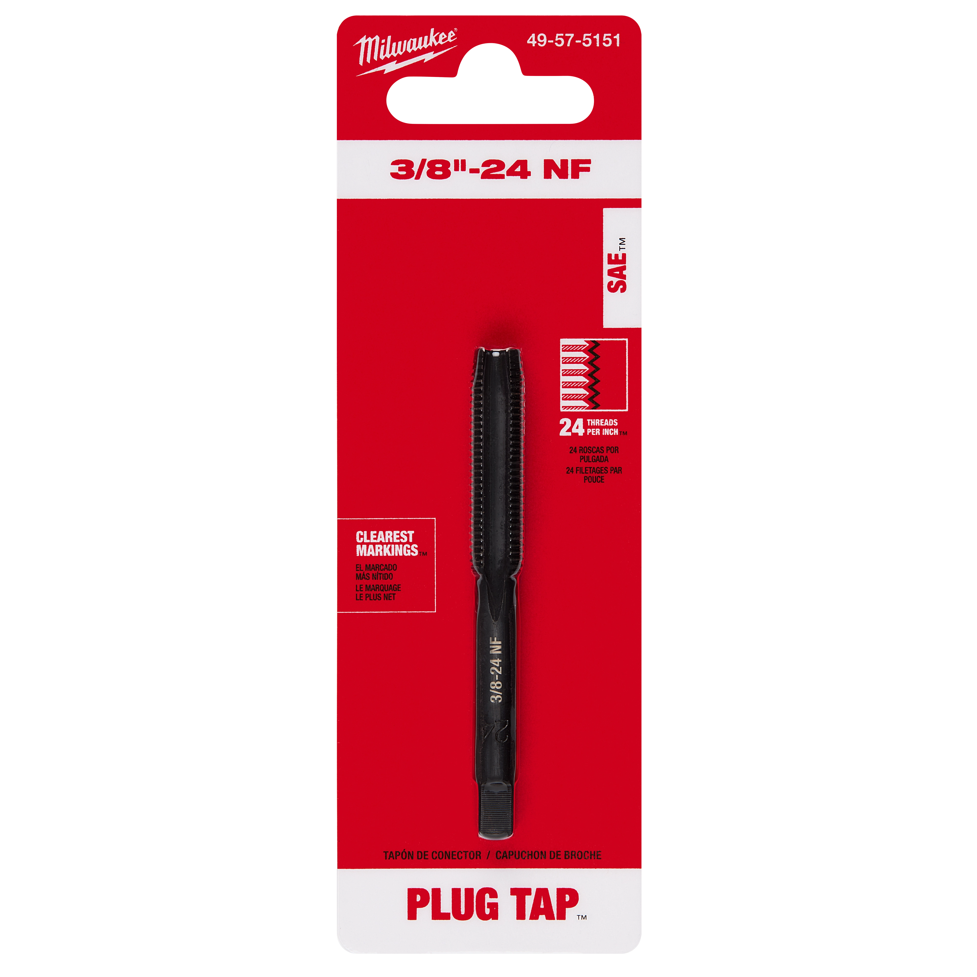 3/8"-24 NF Straight Flute Plug Tap in original packaging with product details. Red and white packaging background.