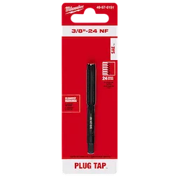 3/8"-24 NF Straight Flute Plug Tap in original packaging with product details. Red and white packaging background.