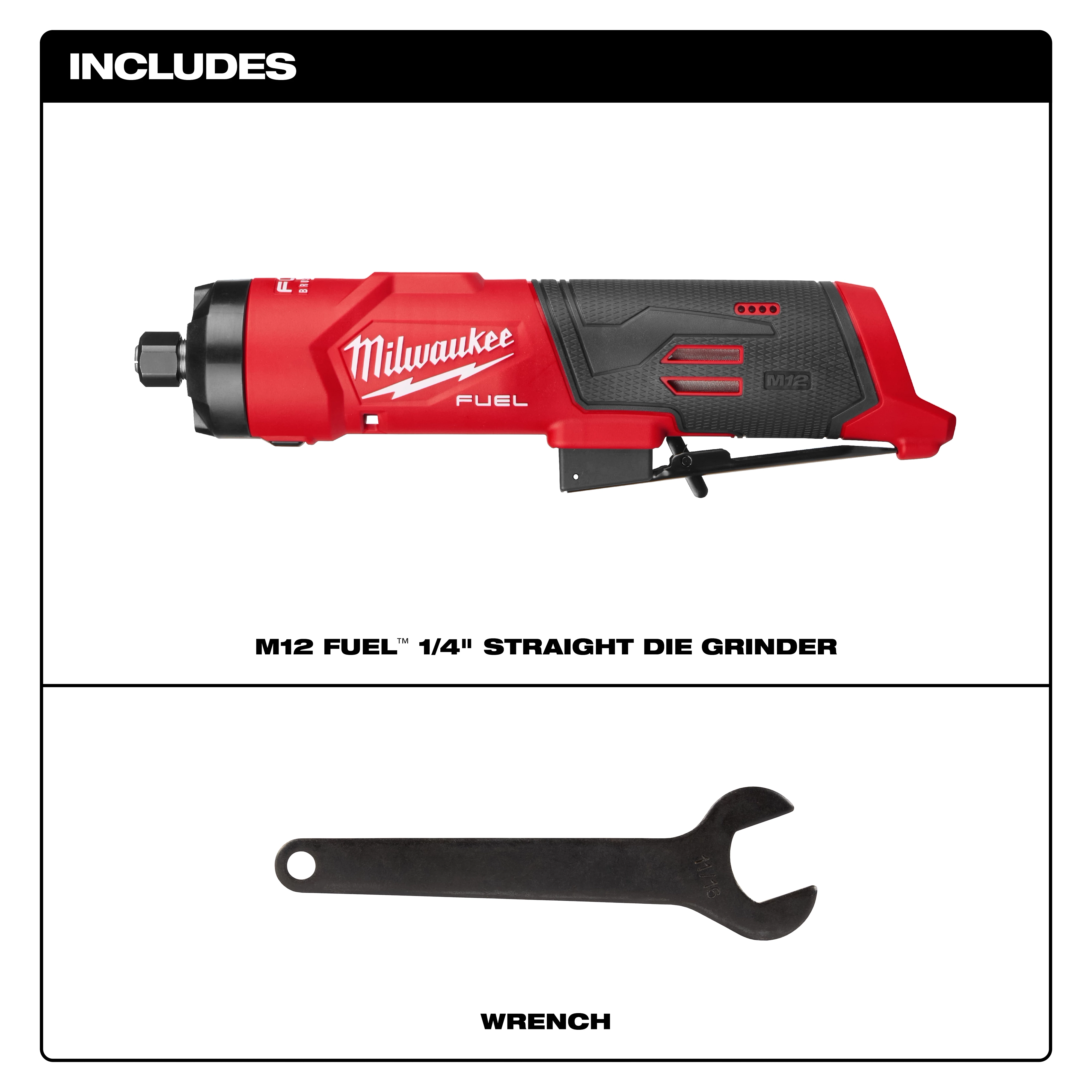 M12 FUEL 1/4" Straight Die Grinder shown above a flat wrench on a plain background.