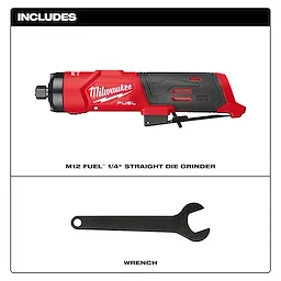 M12 FUEL 1/4" Straight Die Grinder shown above a flat wrench on a plain background.