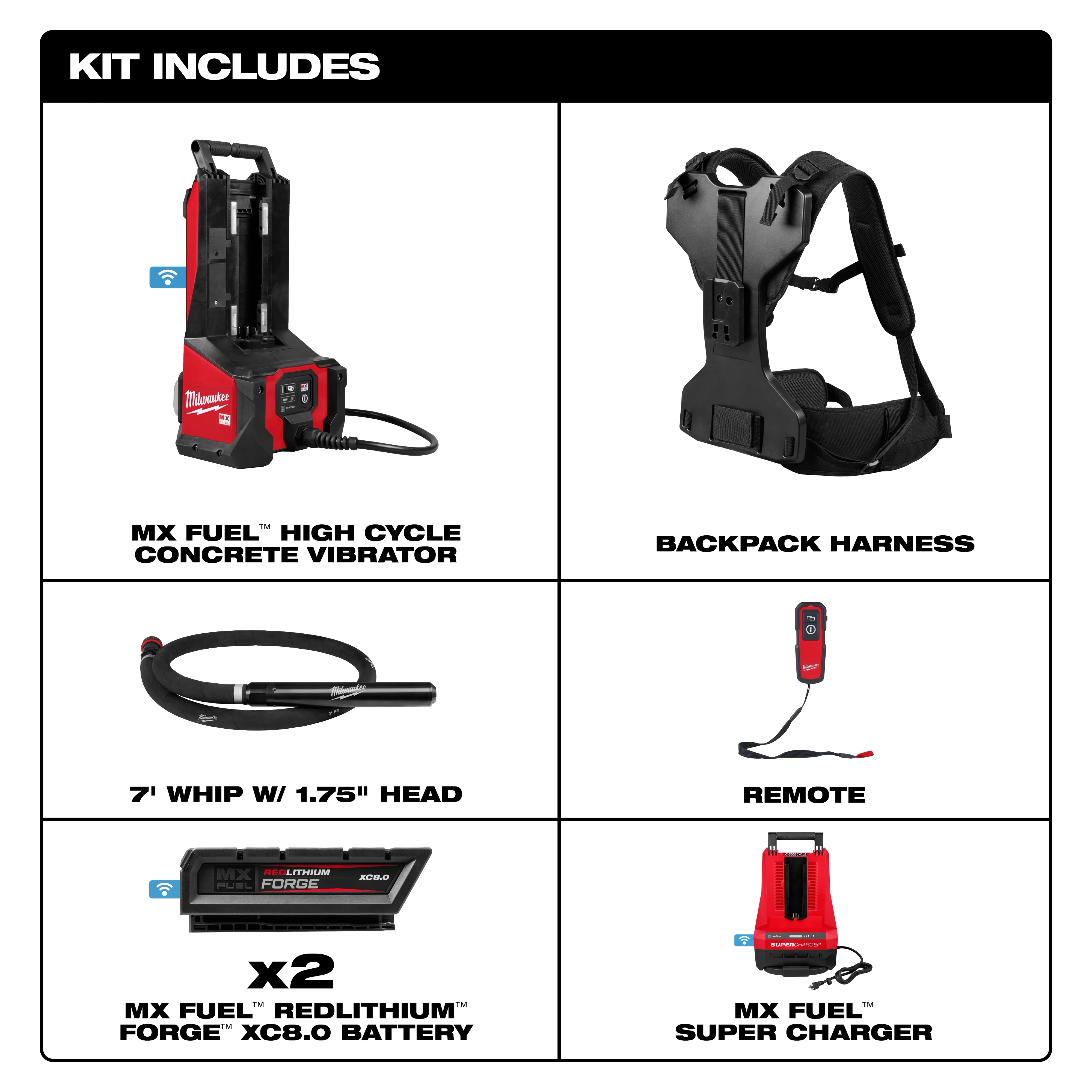 MX FUEL™ Backpack High Cycle Concrete Vibrator w/ 7' Whip / 1.75" Head