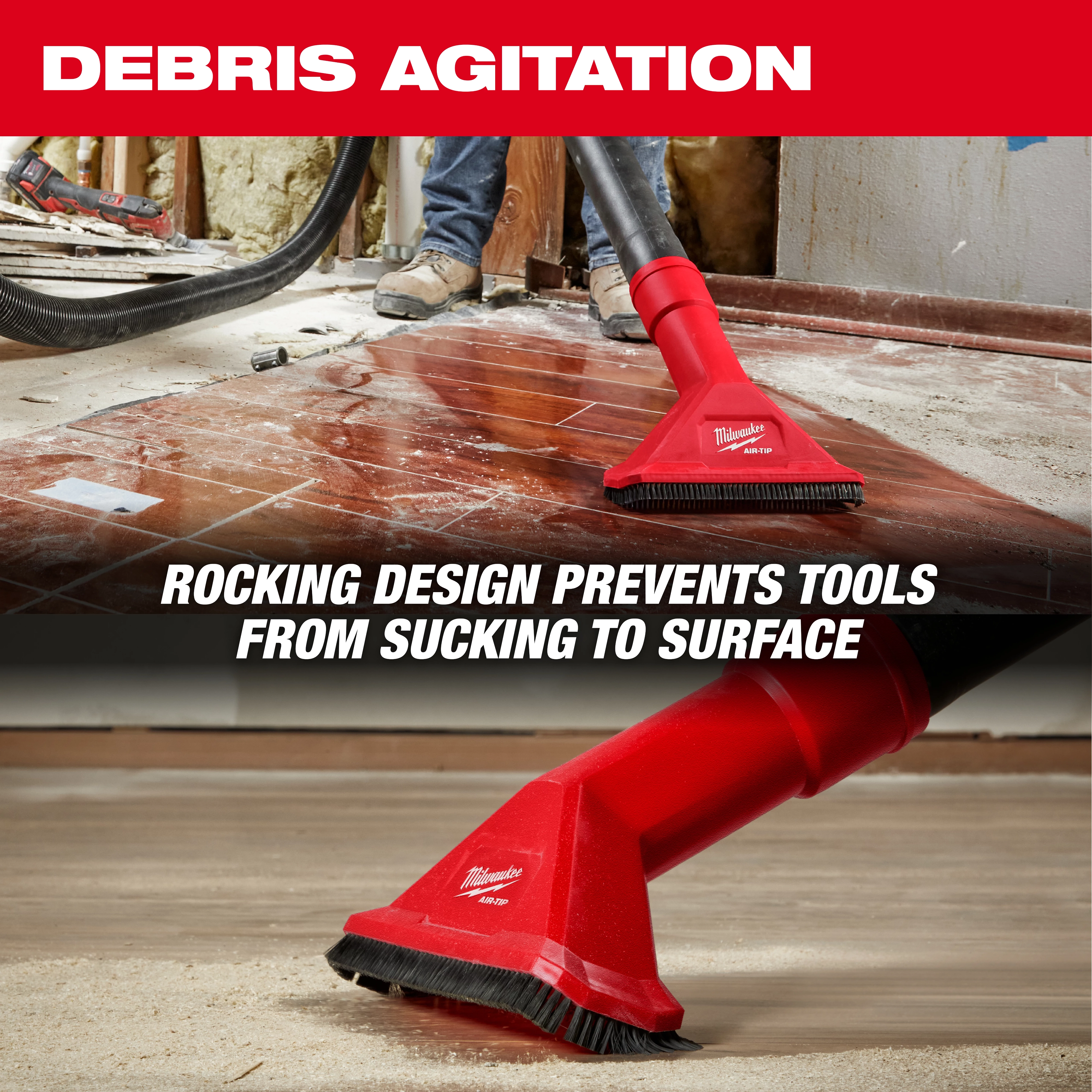 An image of the AIR-TIP™ 2-1/2" Rocking Utility Nozzle w/ Brushes being used to clean a wooden floor. Text on the image reads, "DEBRIS AGITATION" and "ROCKING DESIGN PREVENTS TOOLS FROM SUCKING TO SURFACE." The nozzle is red and has a brush attachment.