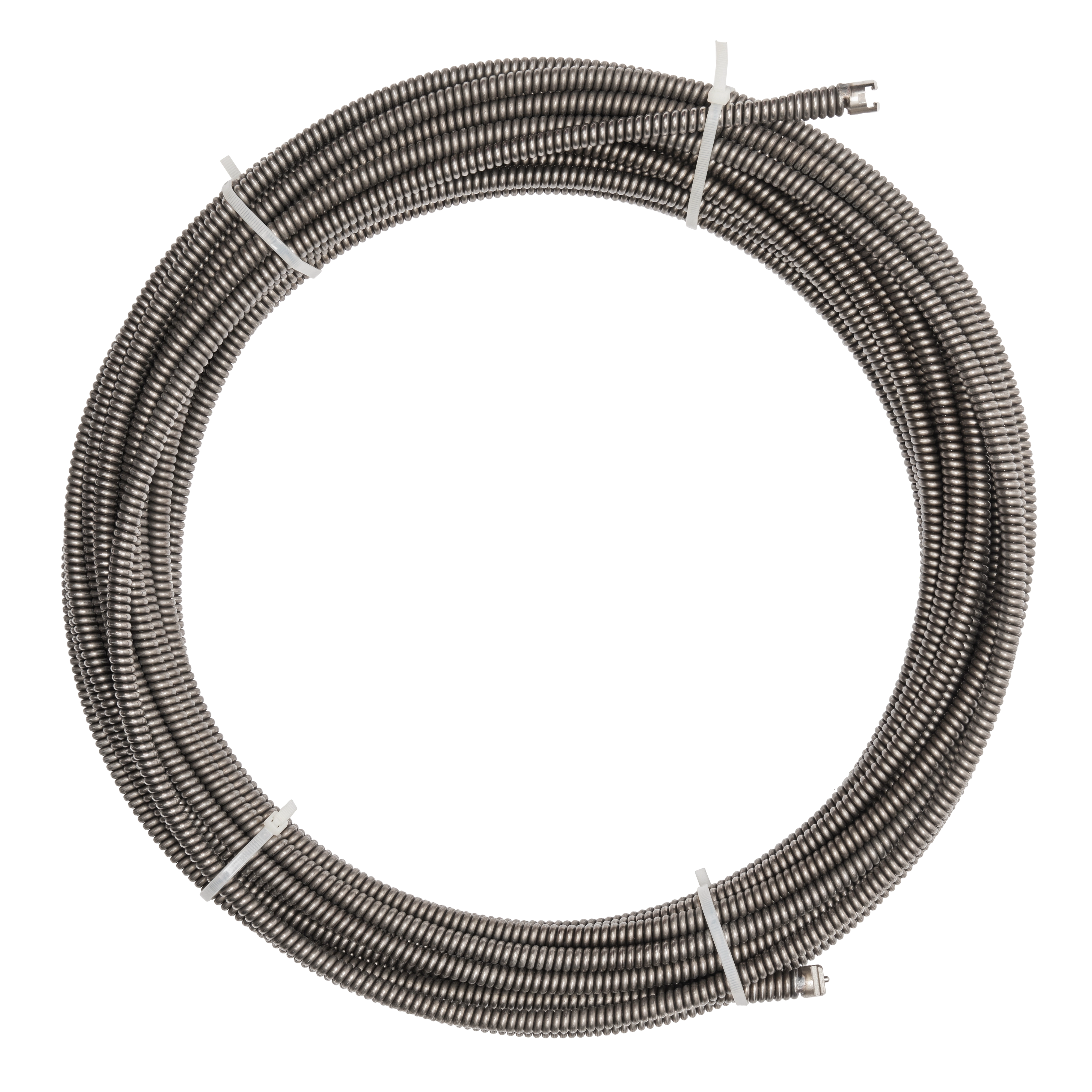 A coiled 3/8" x 75' Inner Core Cable made of durable metal, suitable for plumbing and drain cleaning applications. The cable is secured with white ties at multiple points to maintain its shape.