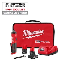 M12 FUEL 1/4" Straight Die Grinder kit with tool, batteries, charger, wrench, and red carrying bag.