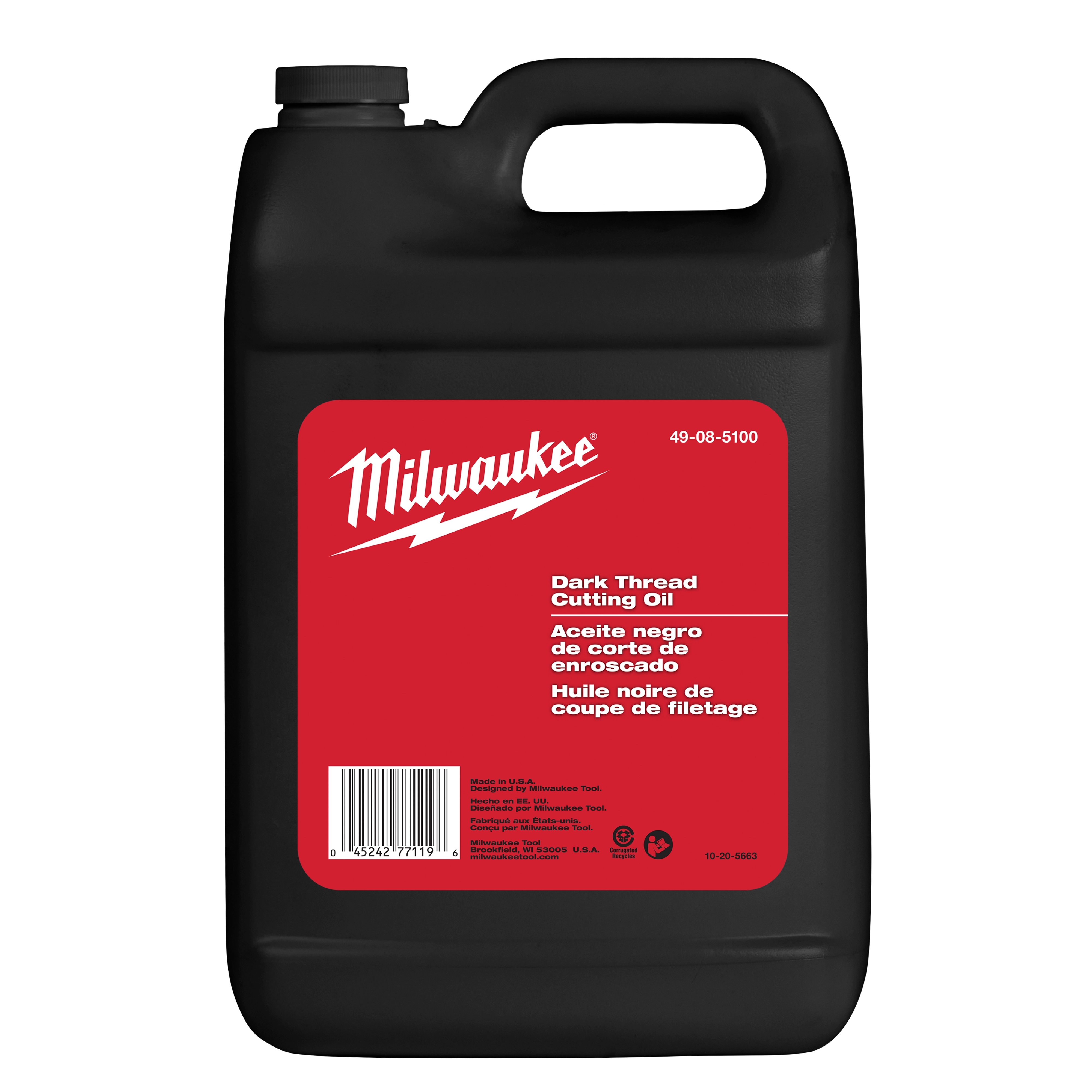 Milwaukee Dark Thread Cutting Oil in a black 1-gallon container with red label, measuring 49-08-5100 on the top right corner.