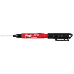 Milwaukee INKZALL™ 2IN1 Deep Reach Ultra Fine Point Black Jobsite Marker features a red barrel and black grip. The ultra-fine tip extends for precision marking in hard-to-reach areas. The marker includes a pocket clip for convenience and is designed for durability on various jobsite surfaces.