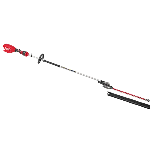 The image shows an M18 FUEL™ Extended Pole Articulating Hedge Trimmer with a long pole handle, a red motor housing, a black grip area, and an articulating blade with a protective cover. The trimmer is designed for reaching and trimming tall hedges.