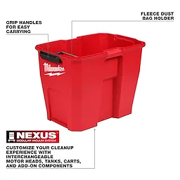 The NEXUS™ 12 Gallon Wet/Dry Vacuum Tank is a red container with fleece dust bag holder and grip handles for easy carrying. The tank features a modular vacuum system logo and allows customization with interchangeable motor heads, tanks, carts, and add-on components. Brand name printed on the side.