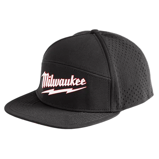 Flat Brim Snapback in black with a red and white “Milwaukee” logo on the front panel and perforated sides for ventilation.