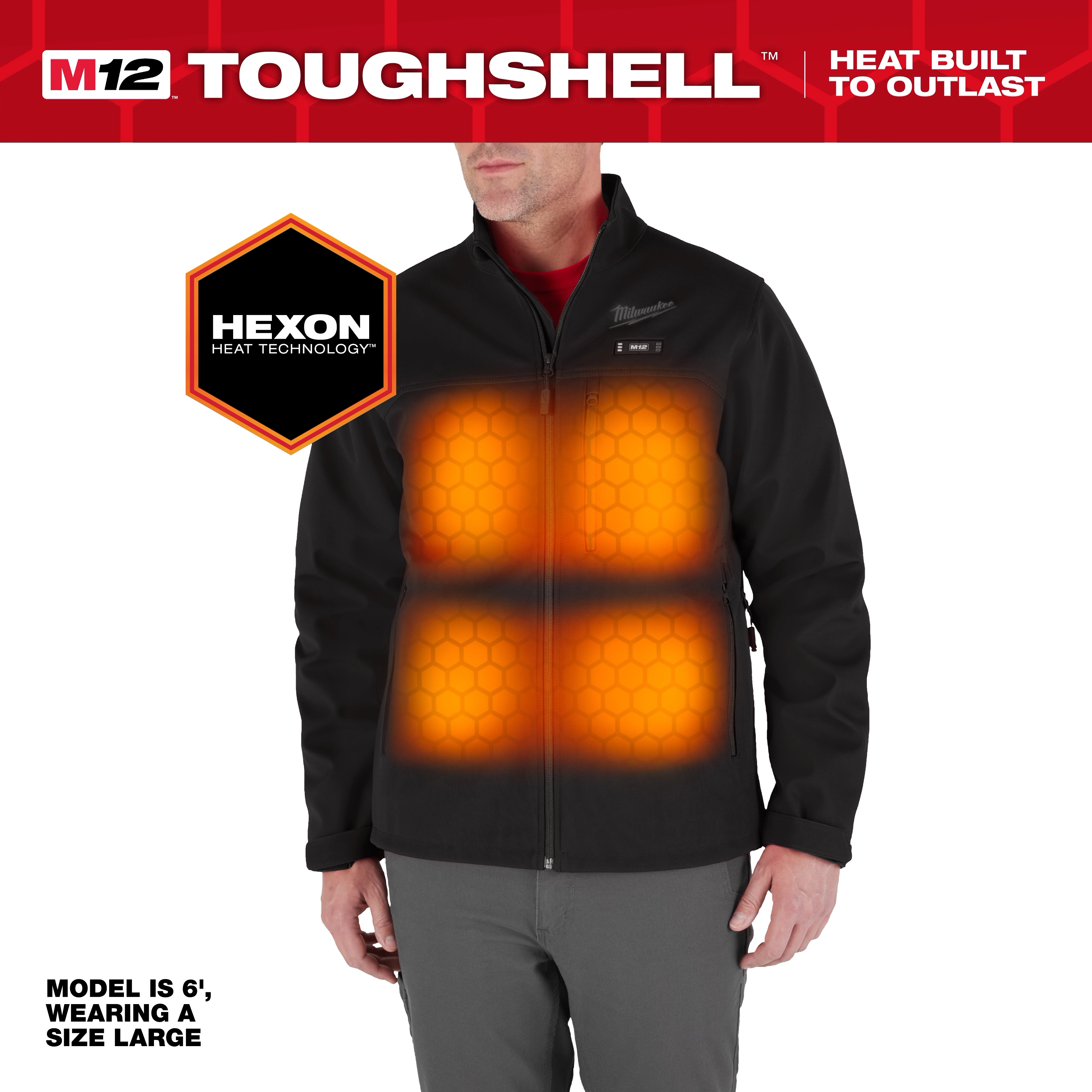 The M12 Heated TOUGHSHELL Jacket features hexon heat technology, with visible orange heating zones, and is shown in size large.