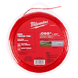 The image shows a Milwaukee® .095" x 250’ (1 lb.) Twisted Trimmer Line package. The trimmer line is red and coiled inside a circular plastic container with a clear lid. The label highlights benefits such as more trigger time, less reloads, and quieter trimming.