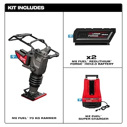 Image showing the kit contents of the MX FUEL™ 70 kg Rammer. The kit includes the MX FUEL™ 70 kg Rammer, two MX FUEL™ REDLITHIUM™ FORGE™ HD12.0 batteries, and an MX FUEL™ Super Charger. Each item is individually pictured with labels.