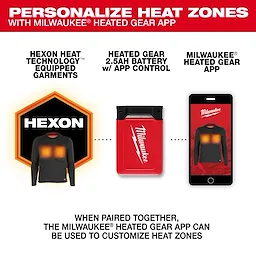 Milwaukee Heated Merino Wool Crew Neck Baselayer shown with battery pack and smartphone app interface