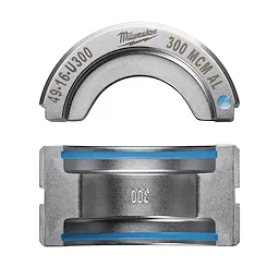 300 MCM Aluminum U Style Die is a metallic tool attachment with a semi-circular shape on top and a rectangular base on the bottom, featuring blue-lined grooves for secure fitting. The top portion is inscribed with '49-16-U300' and '300 MCM AL'.