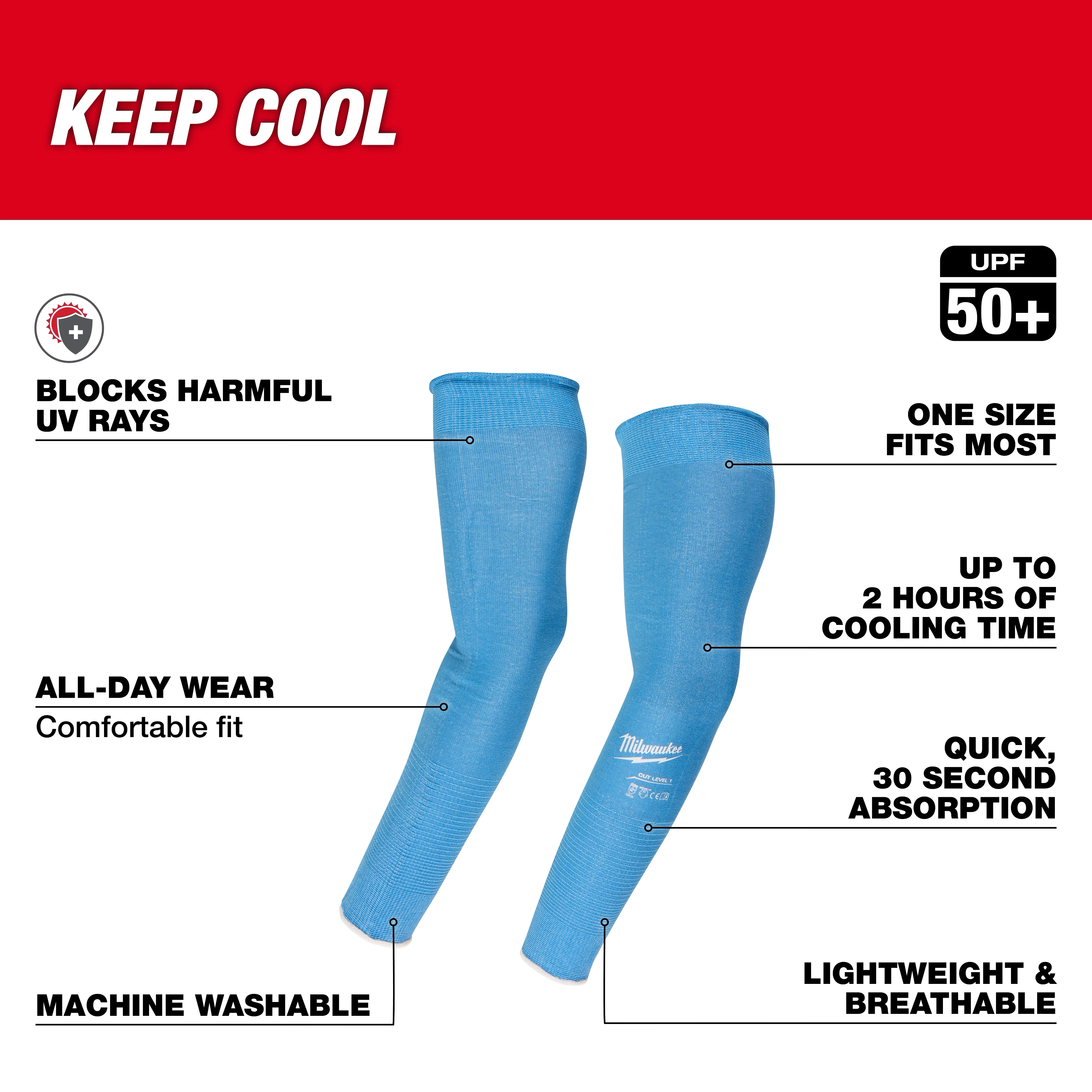 Cooling Cut Level 1 Protective Sleeves - 16" provide UPF 50+ protection, are machine washable, lightweight, breathable, with a comfortable fit.