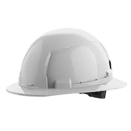 BOLT White Full Brim Hard Hat w/6pt Ratcheting Suspension (USA) - Type 1, Class E shown from a side angle.