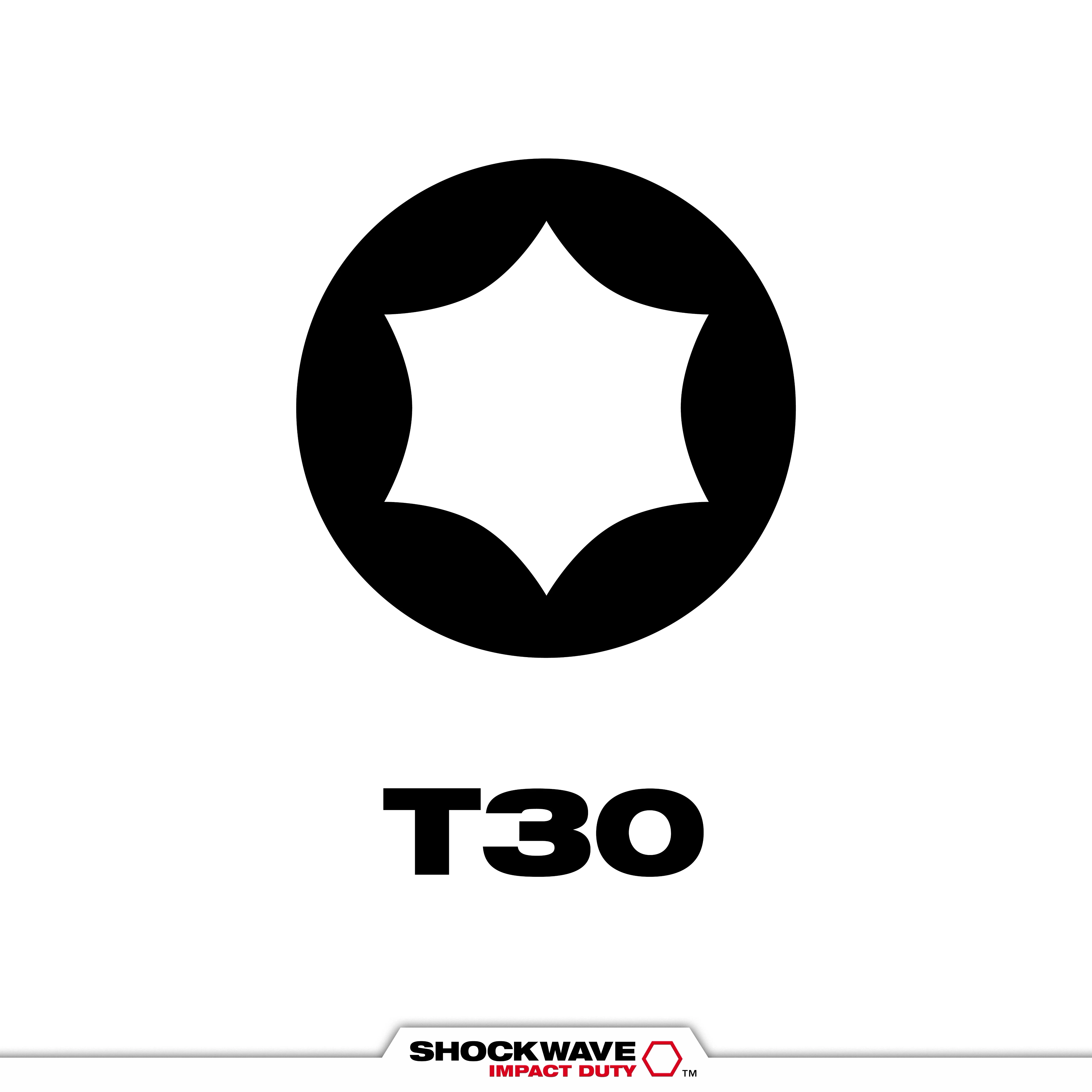 The image features a SHOCKWAVE™ T30 Tip Type, displaying its distinctive star-shaped design inside a black circle. Below the symbol is the label "T30" in bold black text. At the bottom, the SHOCKWAVE Impact Duty logo is visible.