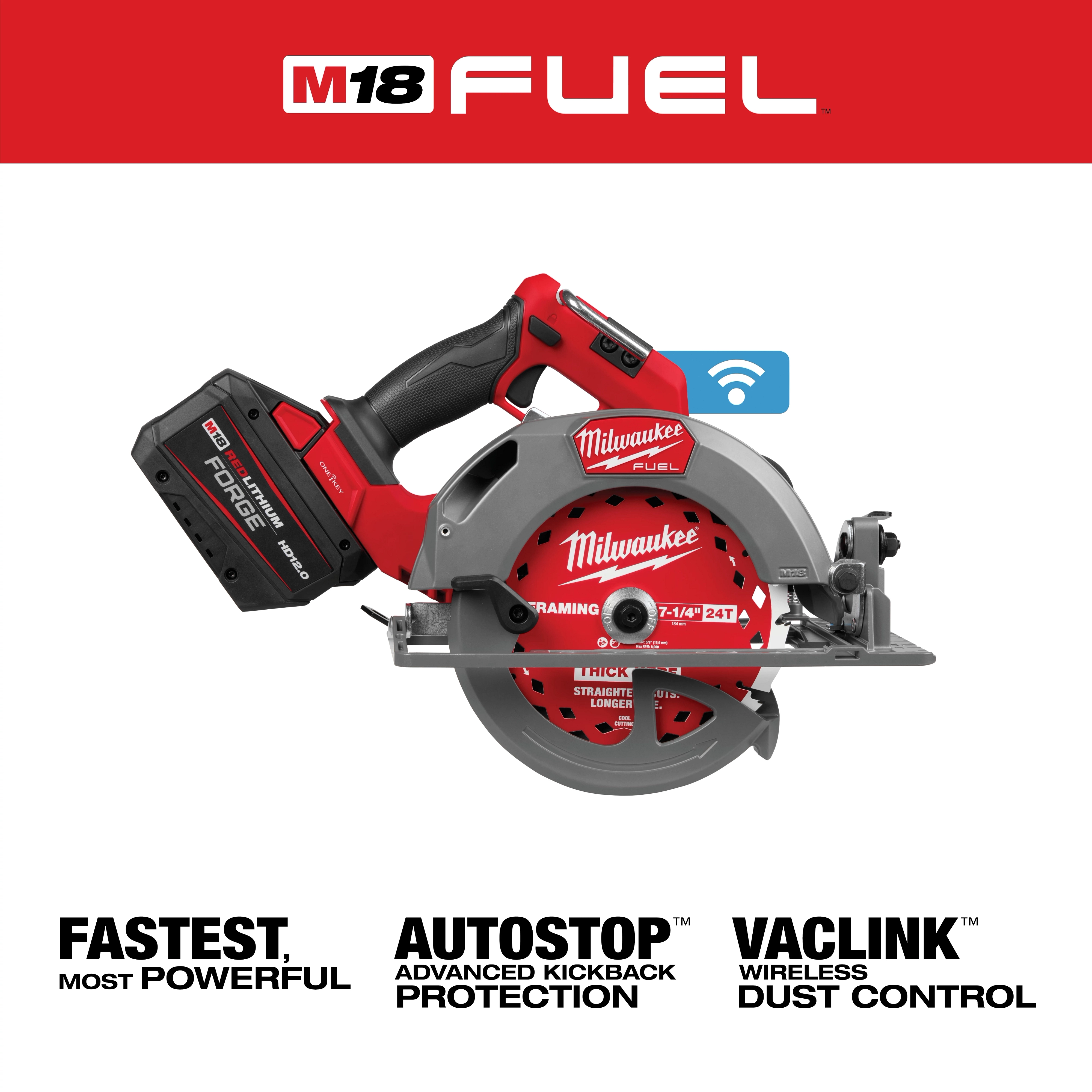 The M18 FUEL™ 7-1/4" Circular Saw w/ ONE-KEY™ from Milwaukee is a high-performance, cordless circular saw featuring advanced kickback protection and wireless dust control. The image displays the saw, emphasizing its powerful motor and capabilities with bold text describing its key features at the bottom.