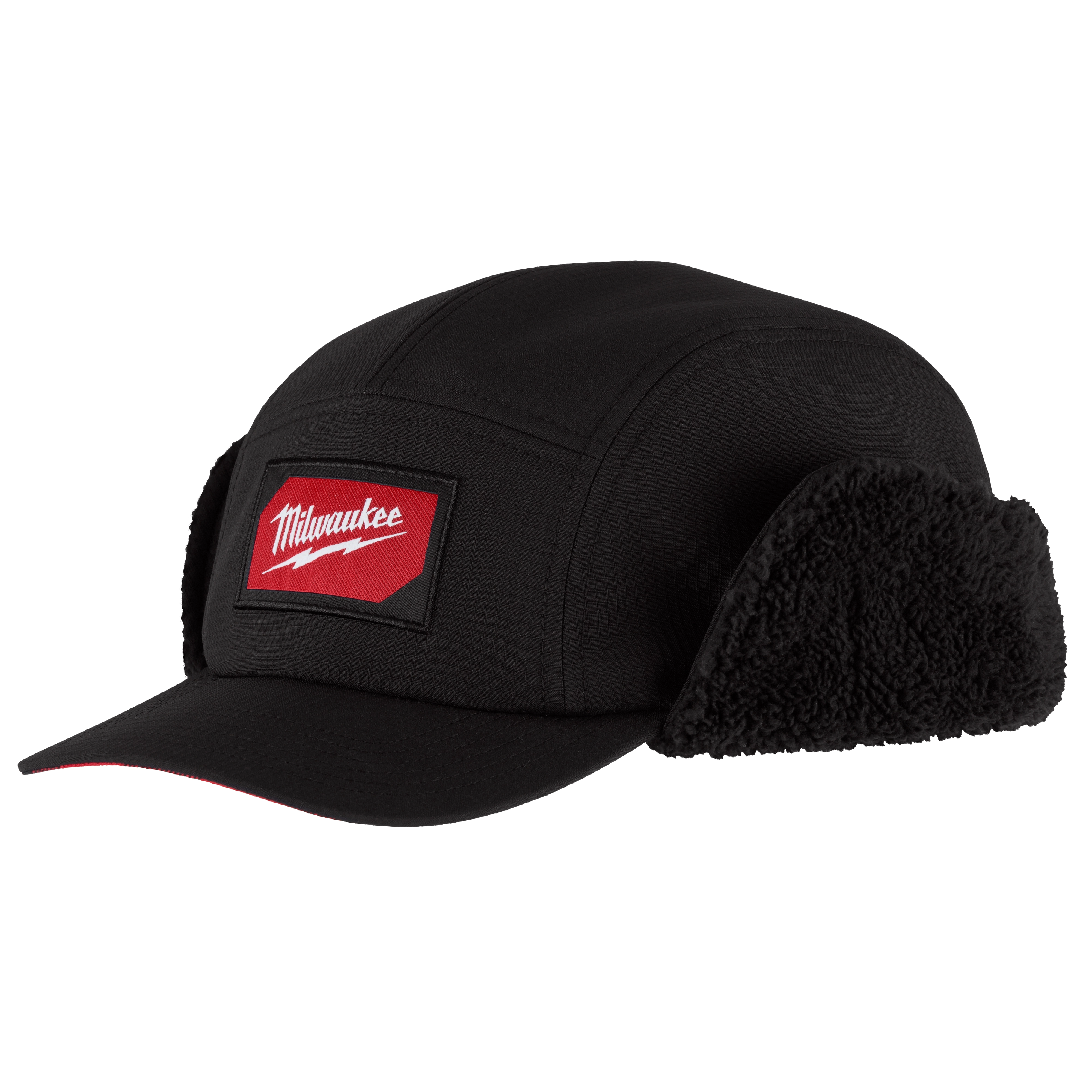 Black Sherpa-Lined Hat with ear flaps and a red and white Milwaukee logo patch on the front.