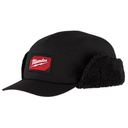 Black Sherpa-Lined Hat with ear flaps and a red and white Milwaukee logo patch on the front.