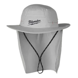 The WORKSKIN™ Sunshade Hat is a light grey hat with a wide brim, neck shade, black chin strap, and Milwaukee logo on the front.
