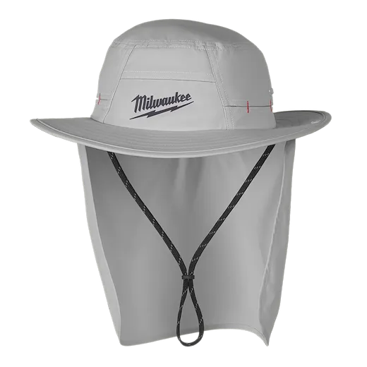 The WORKSKIN™ Sunshade Hat is a light grey hat with a wide brim, neck shade, black chin strap, and Milwaukee logo on the front.