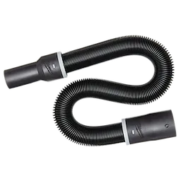 Coiled, black, ridged 1-7/8” x 32” to 102” Expandable Hose with two black connectors on each end. The connectors have a logo and button mechanism. The hose is designed for flexible connectivity and extends or contracts to different lengths.