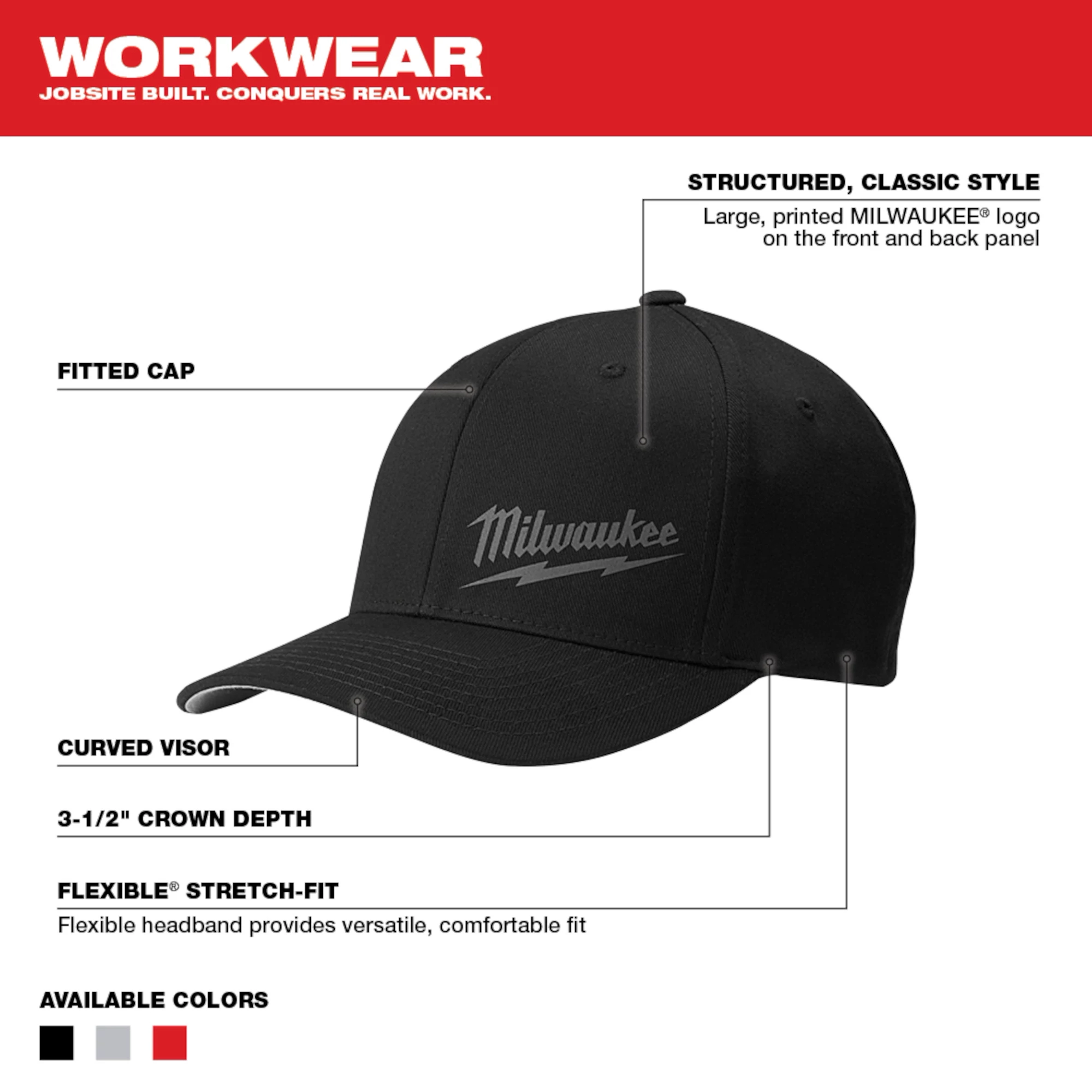 Milwaukee Fitted Hat with a structured, classic style, curved visor, 3-1/2" crown depth, black color, and printed logo on front and back.