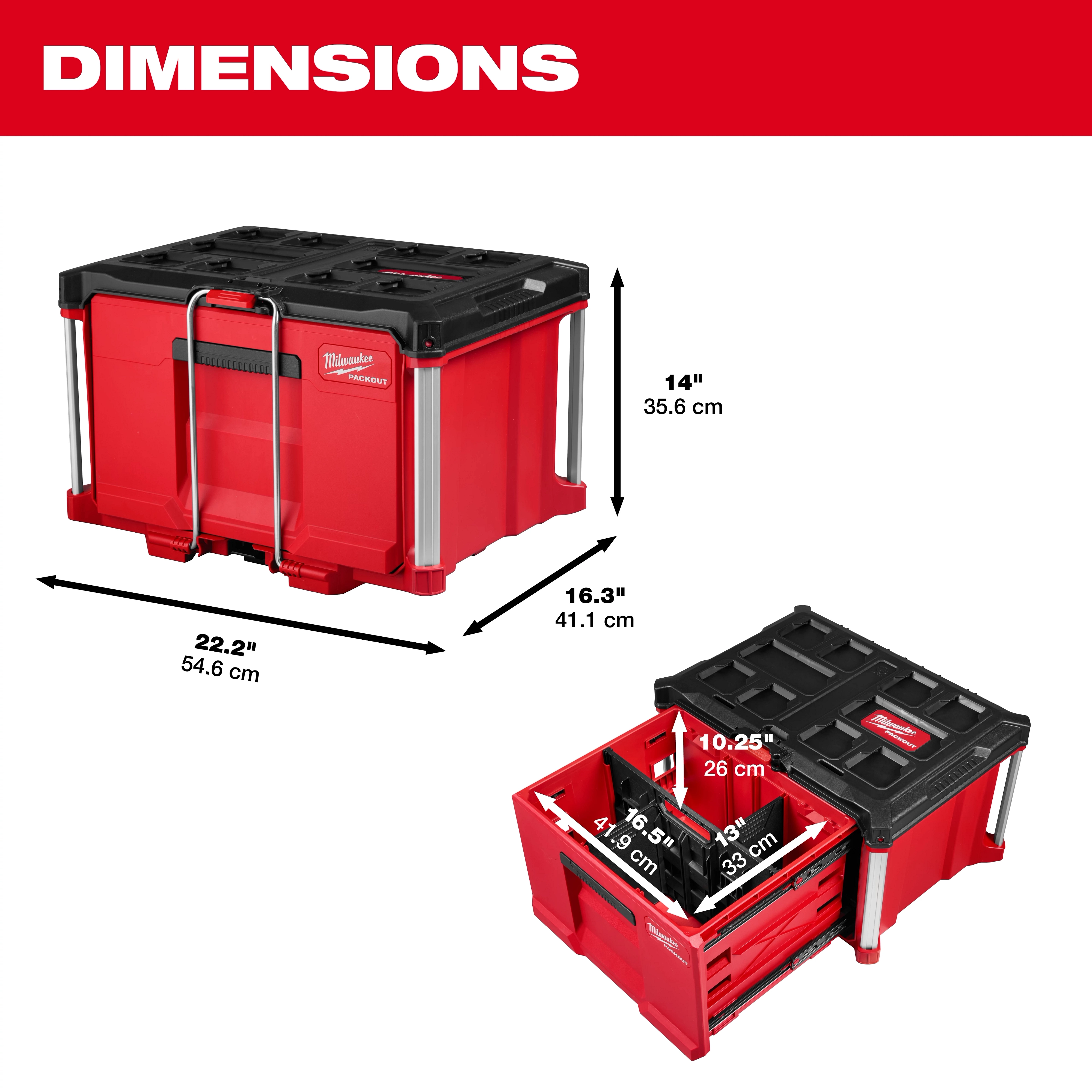 PACKOUT Single Drawer Tool Box shown closed and open with labeled height, width, and drawer depth dimensions.