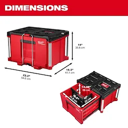 PACKOUT Single Drawer Tool Box shown closed and open with labeled height, width, and drawer depth dimensions.