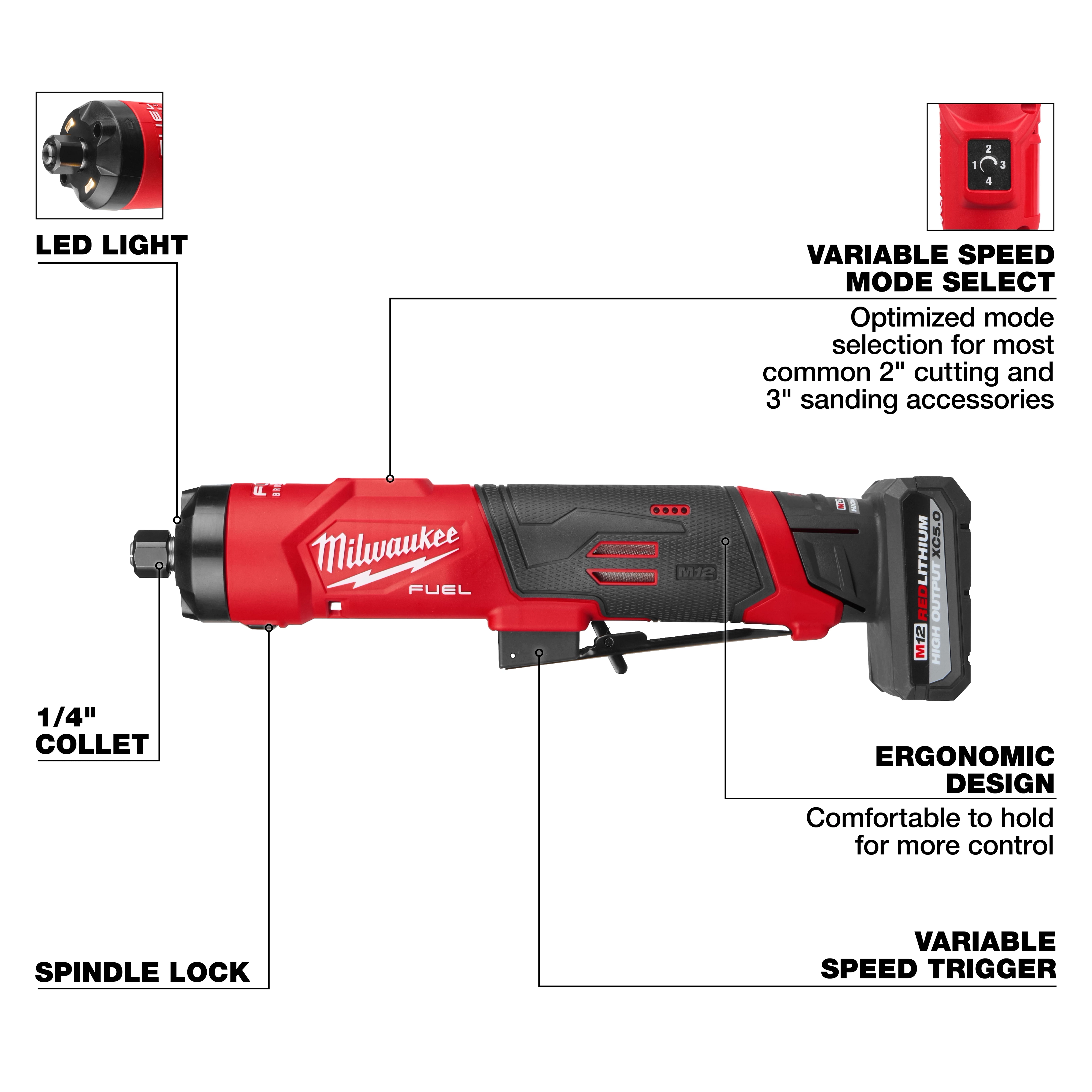 M12 FUEL 1/4" Straight Die Grinder with labeled LED light, collet, spindle lock, mode select, trigger, and grip.