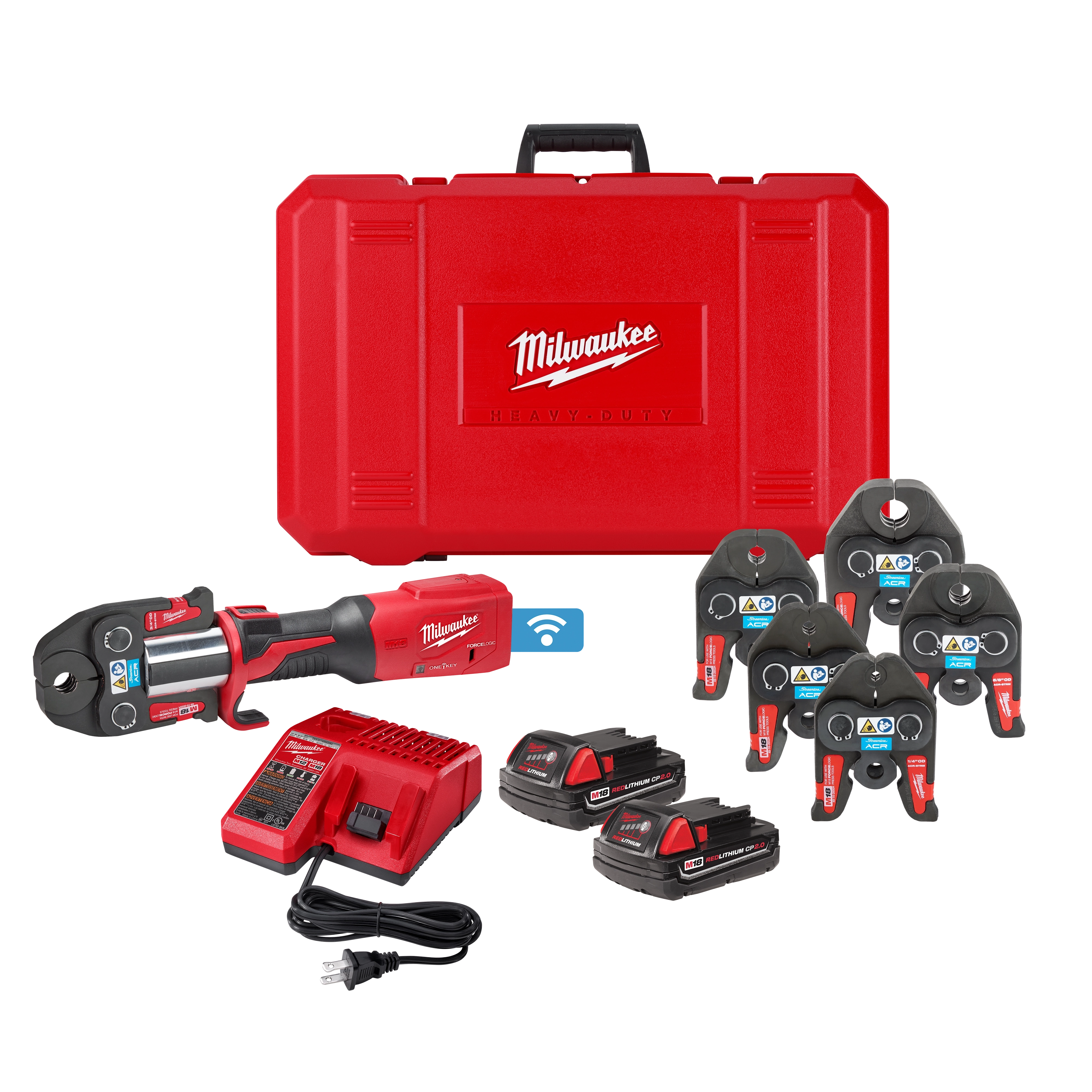 The M18™ FORCE LOGIC™ Press Tool Kit w/ One-Key™ with 1/4"-7/8" Streamline ACR™ Jaws includes a red press tool, seven jaws, charger, two batteries, and a carrying case. The tools and accessories are displayed against a white background.