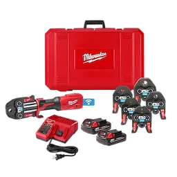 The M18™ FORCE LOGIC™ Press Tool Kit w/ One-Key™ with 1/4"-7/8" Streamline ACR™ Jaws includes a red press tool, seven jaws, charger, two batteries, and a carrying case. The tools and accessories are displayed against a white background.