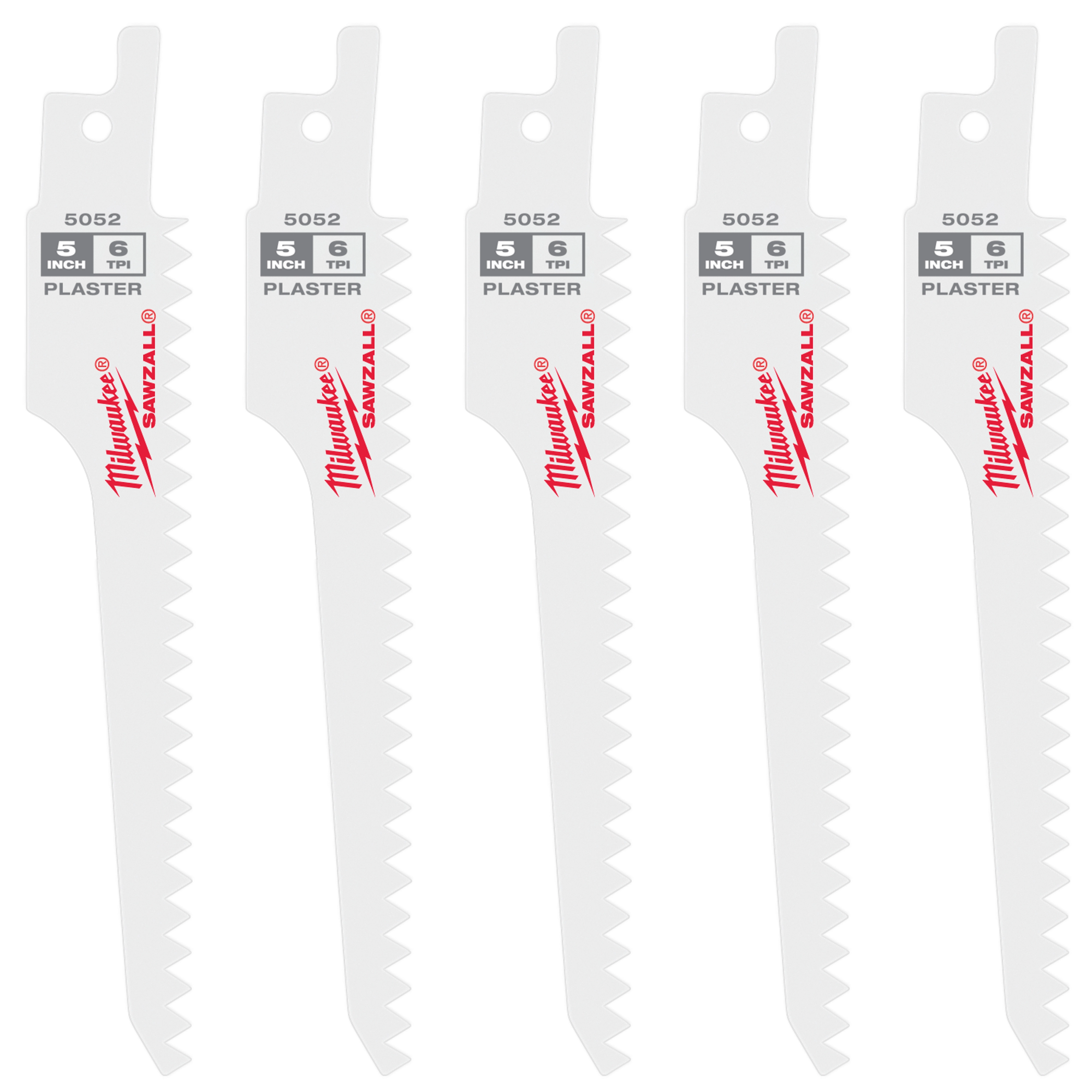 Five 5-inch 6 TPI (teeth per inch) SAWZALL® blades for plaster, arranged in a row against a white background. Each blade has a white body with gray marking indicating the size and TPI, along with the red SAWZALL® branding. Package contains five blades.