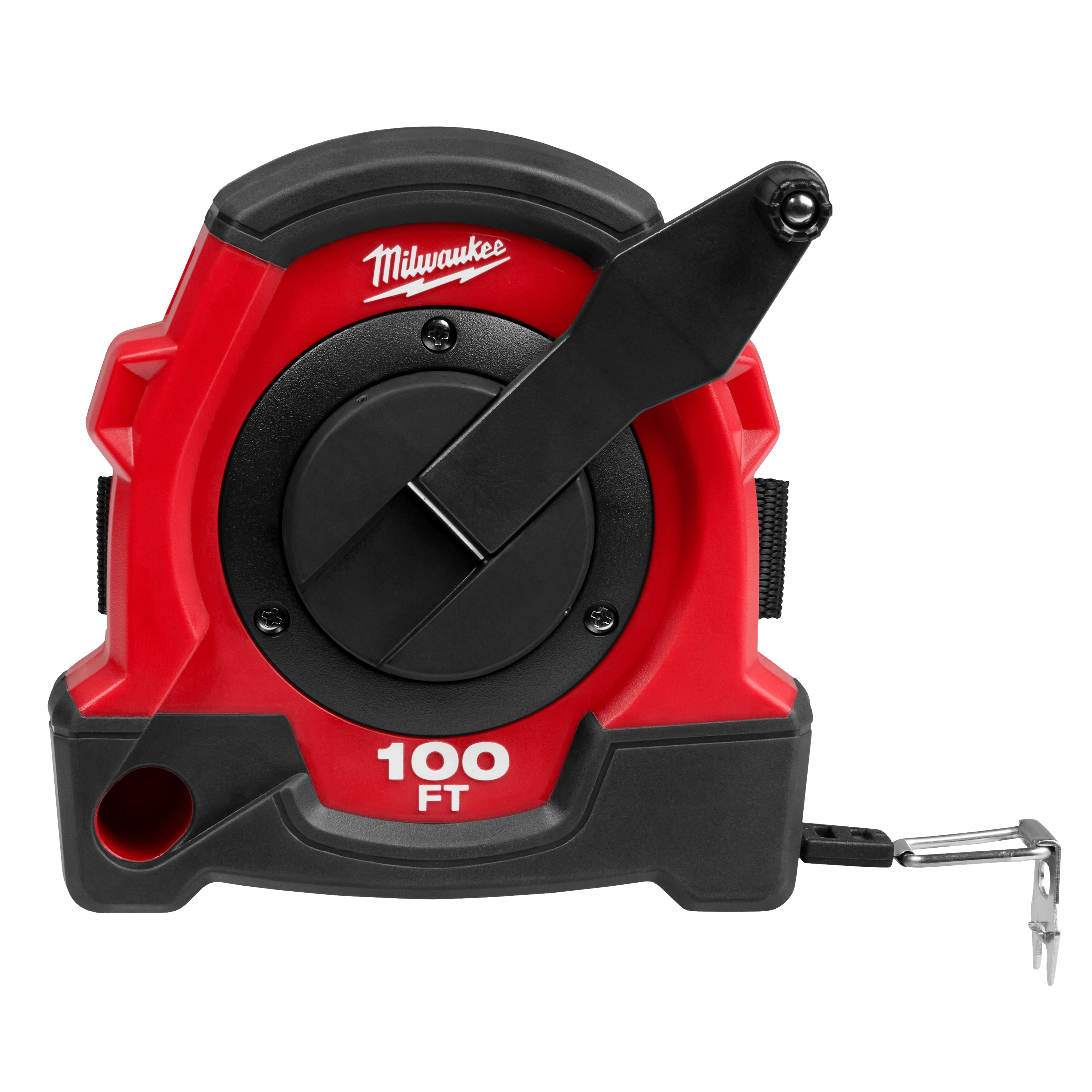 100FT Closed Reel Long Tape in red and black casing with a crank handle for retraction, displaying the 100 FT measurement.