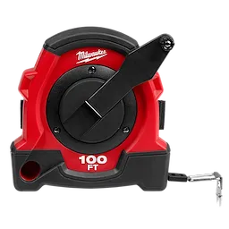 100FT Closed Reel Long Tape in red and black casing with a crank handle for retraction, displaying the 100 FT measurement.