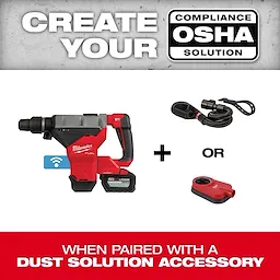 Image of the M18 FUEL 1-3/4" SDS MAX Rotary Hammer Kit with (2) 12.0 Batteries, showing the tool, two accessory options, with text "Create Your Compliance OSHA Solution" above and "When Paired with a Dust Solution Accessory" below.