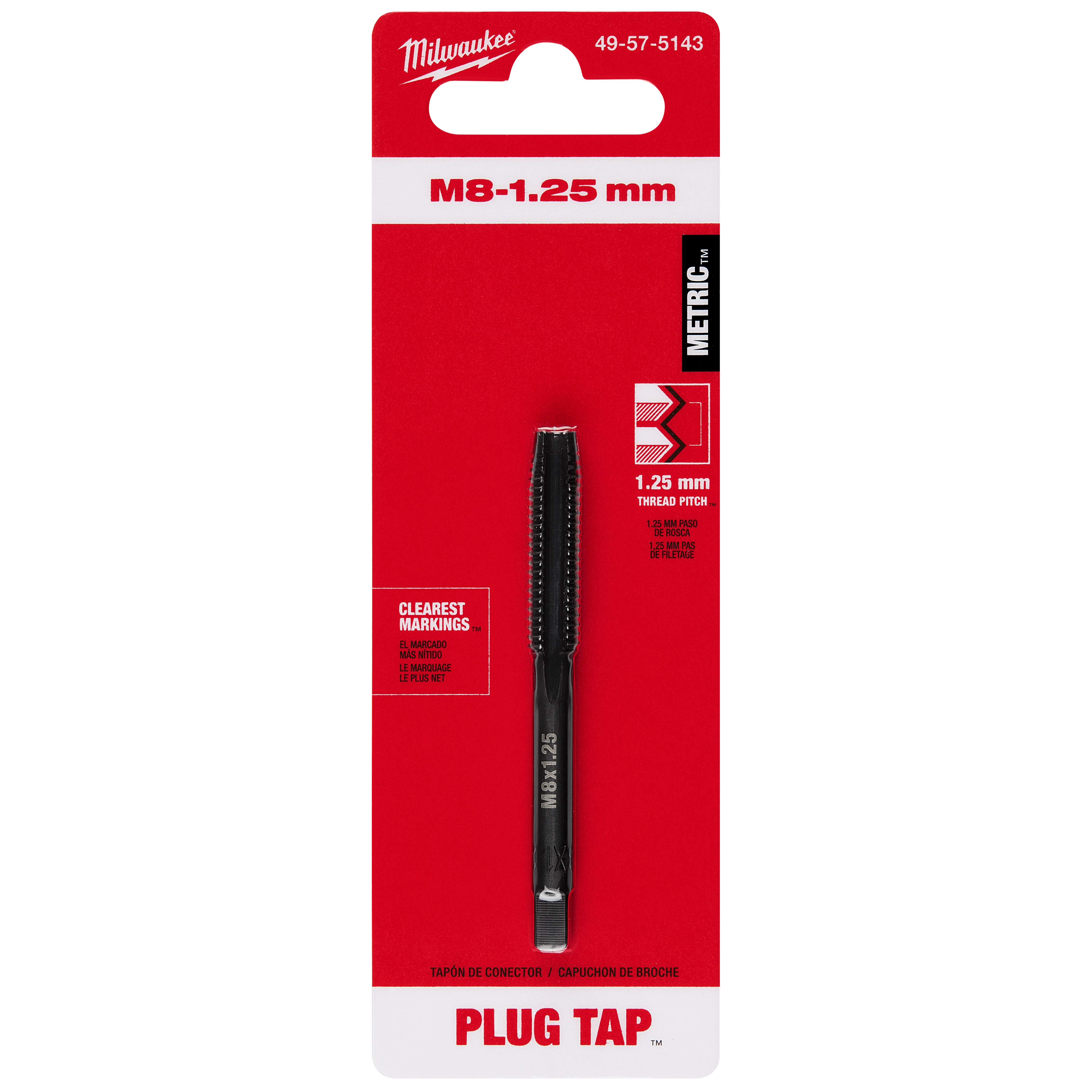 M8-1.25 mm Straight Flute Plug Tap in red packaging with thread pitch of 1.25 mm and clear markings for metric measurements.