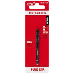 M8-1.25 mm Straight Flute Plug Tap in red packaging with thread pitch of 1.25 mm and clear markings for metric measurements.