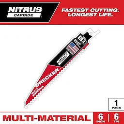 The Nitrus Carbide saw blade is for cutting multi-materials. It has a 6-inch length with 6 teeth per inch. The packaging touts "fastest cutting," and "longest life." The blade is branded with Milwaukee and includes an American flag, indicating it is made in the USA.