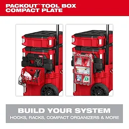 Image of a red PACKOUT tool box with various attachments, including hooks and racks. The left view shows a basket for tools, and the right view displays a compact organizer with a transparent cover. Text at the top reads "PACKOUT TOOL BOX COMPACT PLATE." Bottom text reads "BUILD YOUR SYSTEM: HOOKS, RACKS, COMPACT ORGANIZERS & MORE."