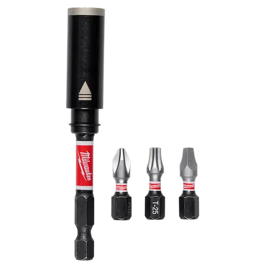 This image shows a Milwaukee Shockwave impact driver bit set. It includes a black magnetic bit holder and three interchangeable bits labeled PH2, T-25, and a slotted bit. The bits have red bands with the Milwaukee logo.