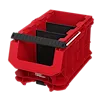 Red PACKOUT Compact Crate with an open front, black handle, and two internal dividers for organized storage and transport.