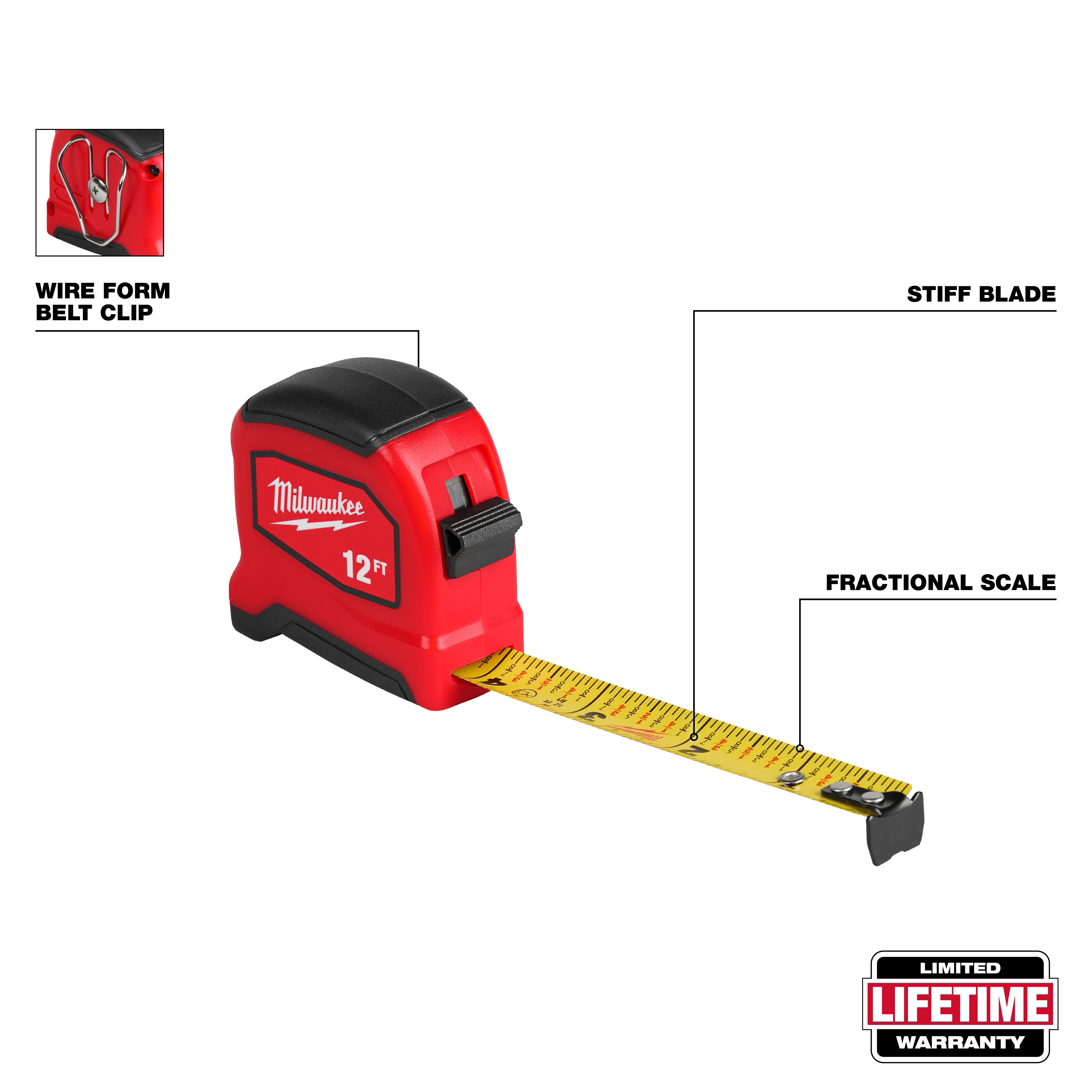 12ft Tape Measure with extended yellow blade, black hook, and labeled features on a plain background.