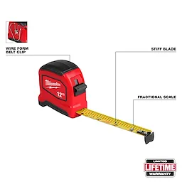 12ft Tape Measure with extended yellow blade, black hook, and labeled features on a plain background.