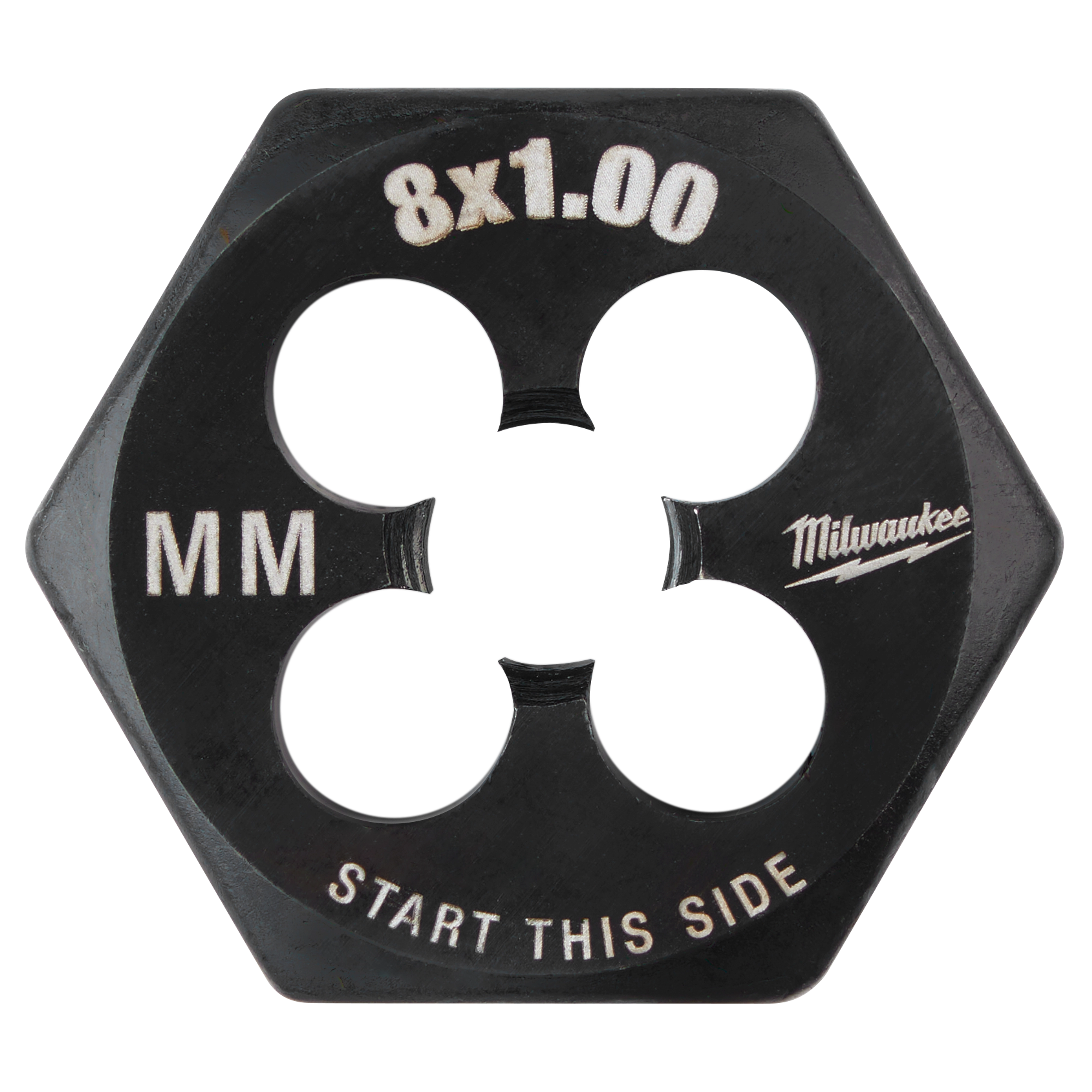 M8-1.00 mm 1-Inch Hex Threading Die, black with hexagonal shape and “start this side” text, used for threading purposes.